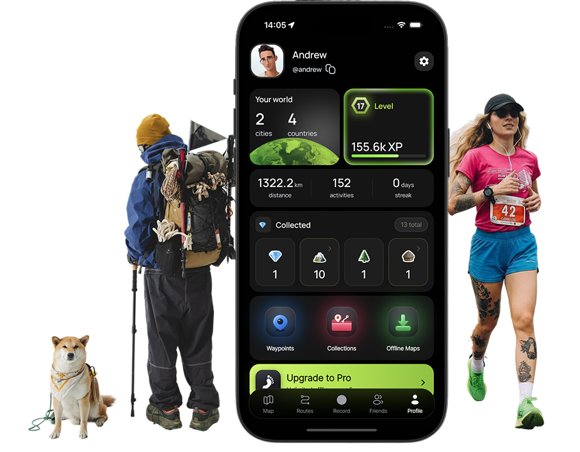 Wayly app shown with hikers and a runner